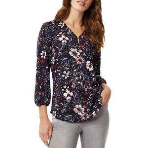 Jones New York Womens Floral-Print Hardware Blouson Top XS Black/Rose Multi NWT